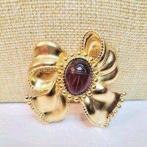 Vtg Erwin Pearl PEP Bow Carnelian Scarab Cabochon Gold Tone Brooch